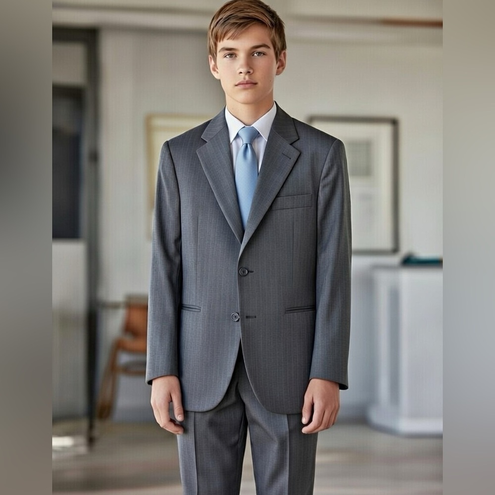 Arrow Youth Boys Gray Suit Jacket Pant Set Size 14 Subtle Stripes Wedding Church
